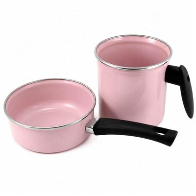 Conjunto Ágata Leiteira 1L e Panelinha 800ml Rosa Bebê Cabo Nylon Metallouça Esmaltados