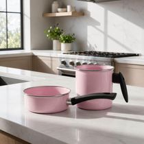 Conjunto Ágata Leiteira 1L e Panelinha 800ml Rosa Bebê Cabo Nylon Metallouça Esmaltados