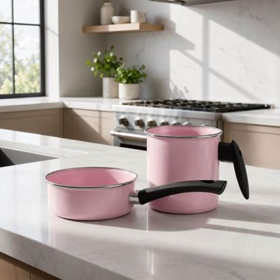 Conjunto Ágata Leiteira 1L e Panelinha 800ml Rosa Bebê Cabo Nylon Metallouça Esmaltados