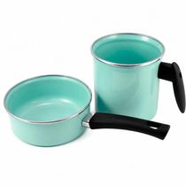 Conjunto Panela Papeiro e Leiteira Esmaltados Verde Água Agata Cabo Baquelite Borda Inox Metallouça