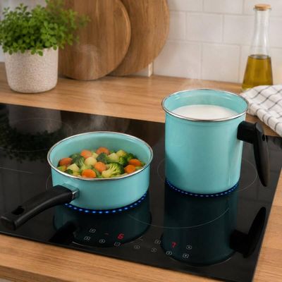 Conjunto Panela Papeiro e Leiteira Esmaltados Verde Água Agata Cabo Baquelite Borda Inox Metallouça
