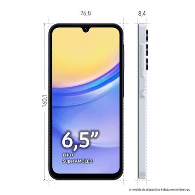 "Smartphone Samsung Galaxy A15 5G Azul Claro 128GB, 4GB RAM, Processador Octa-Core, Câmera Tripla Traseira, Tela Super Amoled de 6.5"" 90Hz"
