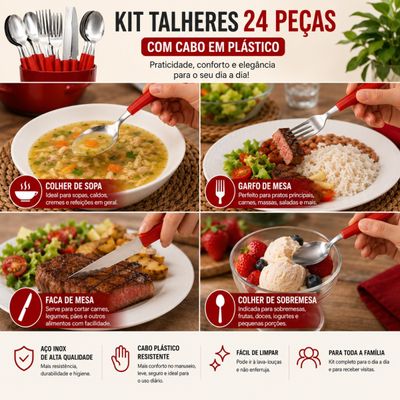 Kit Talheres 24 Peças Cabo Plástico Inox Preto