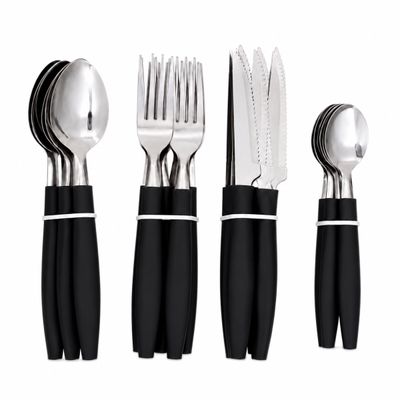 Kit Talheres 24 Peças Cabo Plástico Inox Preto