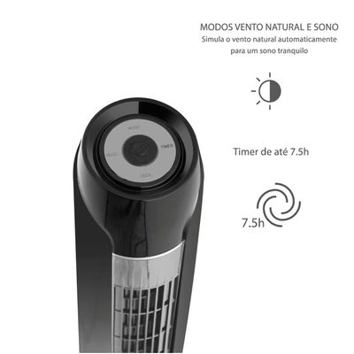 Ventilador de Torre 120cm Spirit SKY com 3 Velocidades, Controle Remoto e Timer de até 7h30 – Preto Preto / 110