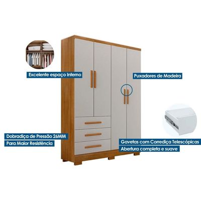 Guarda Roupa Solteiro 4 Portas c/Esp 3Gavs e Pés Encant Cumaru N. Horizonte
