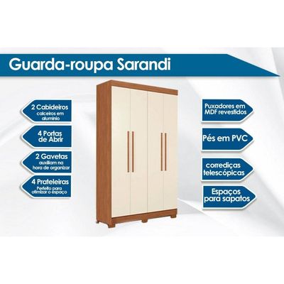 Guarda Roupa Solteiro 4 Portas (2 c/Espelho) e 2 Gavetas c/Pés Sarandi Jatoba/Areia S. Andirá