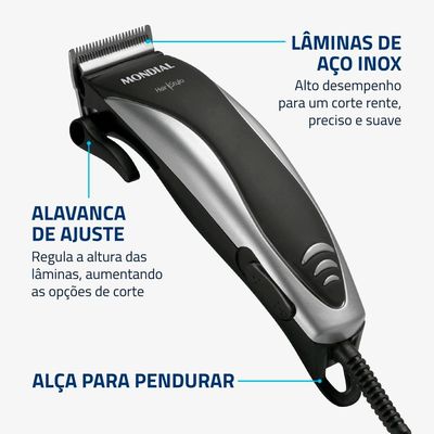 Máquina de Cortar Cabelo Mondial Hair Stylo CR-02 4 com Pentes - Prata/Preta Preto,Prata / 110