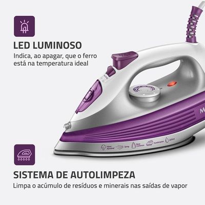 Ferro de Passar a Vapor Mondial FVN-01-P com Spray e Base Cerâmica Diamante – Branco/Roxo branco,roxo / 110