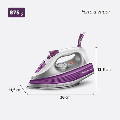 Ferro de Passar a Vapor Mondial FVN-01-P com Spray e Base Cerâmica Diamante – Branco/Roxo branco,roxo / 110
