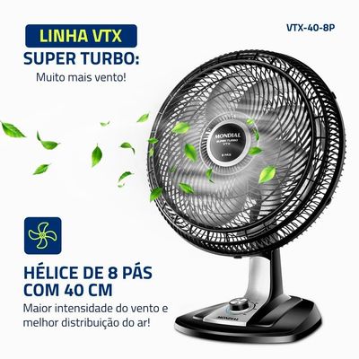 Ventilador de Mesa 40cm Mondial Super Turbo VTX-40-8P 8 Pás 3 Velocidades Preto Preto / 110
