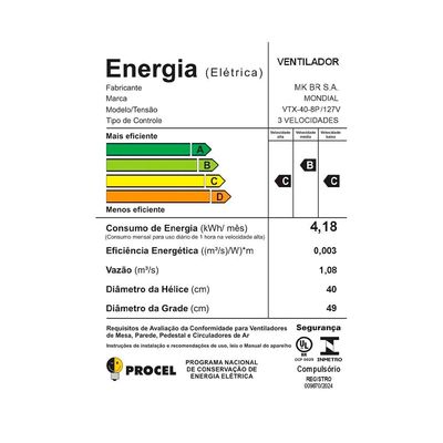 Ventilador de Mesa 40cm Mondial Super Turbo VTX-40-8P 8 Pás 3 Velocidades Preto Preto / 110