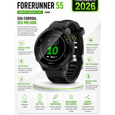 Relógio Garmin Forerunner 55 Monitor Cardíaco E Gps 42mm Black Mesh Black Preto