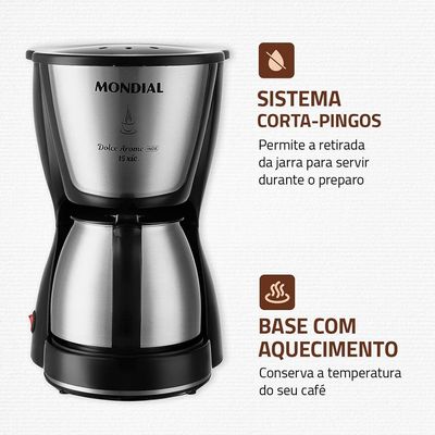 Cafeteira Elétrica Mondial Dolce Arome Thermo Inox C-34 15 Xícaras – Preta/Inox Inox,Preto / 220