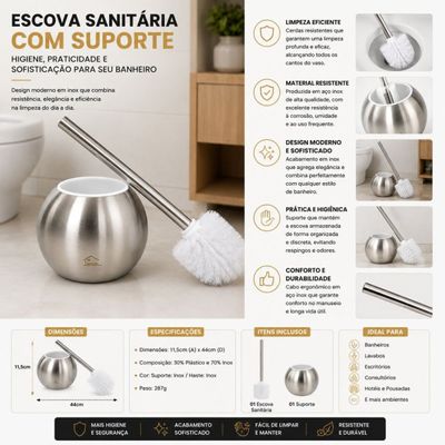 Escova Sanitária com Suporte Redondo em Inox para Banheiro Haste Branca 287g