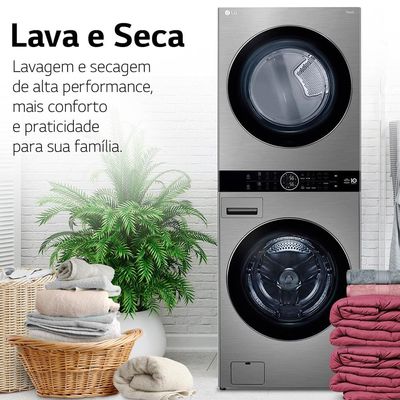 Lavadora e Secadora Elétrica Smart LG WashTower WK17VS6A 17 Kg Aço Escovado com Inteligência Artificial AIDD - 220v