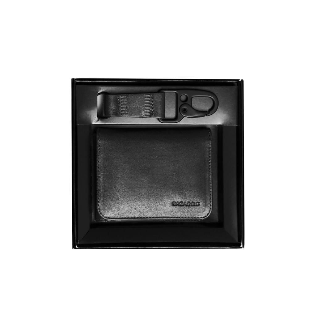Kit Carteira Masculina + Chaveiro de Couro Class Preto