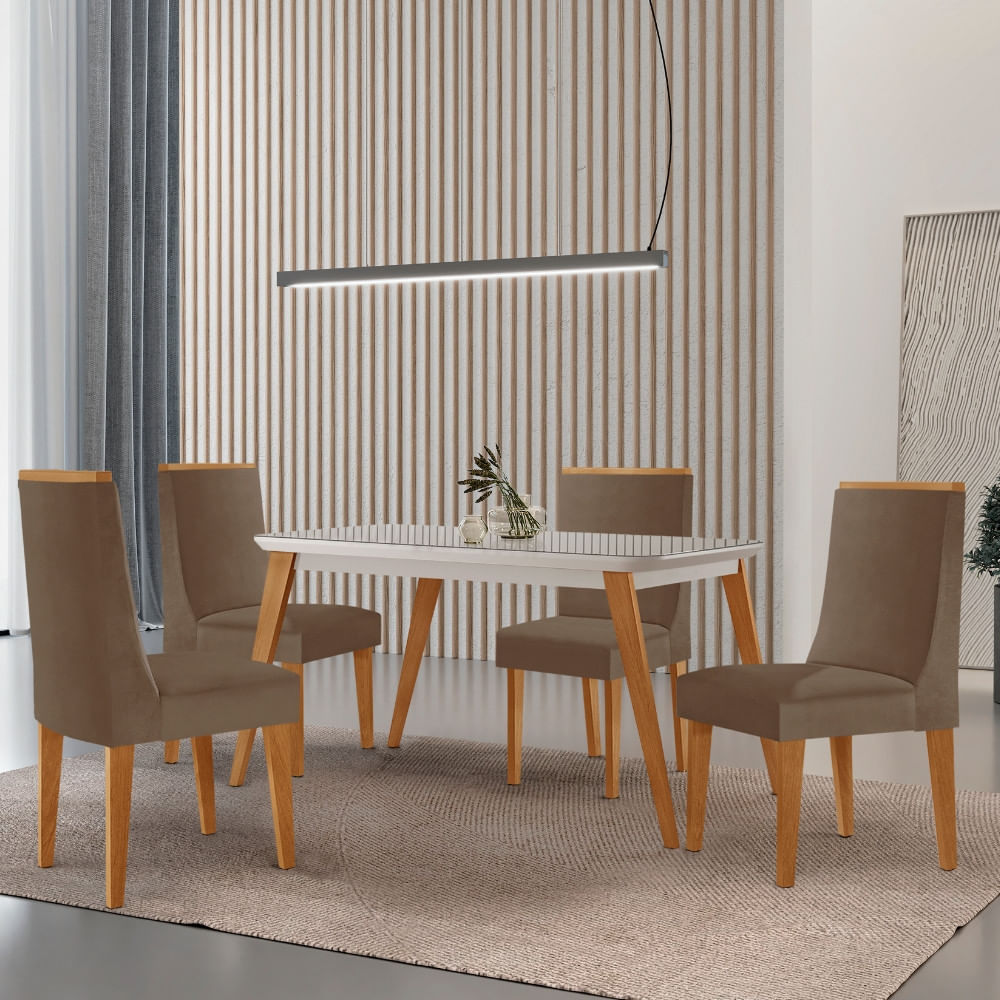 Mesa de Jantar Copper 120cm Tampo Canto MDF Vidro com 4 Cadeiras Lisboa Moderna Mobília