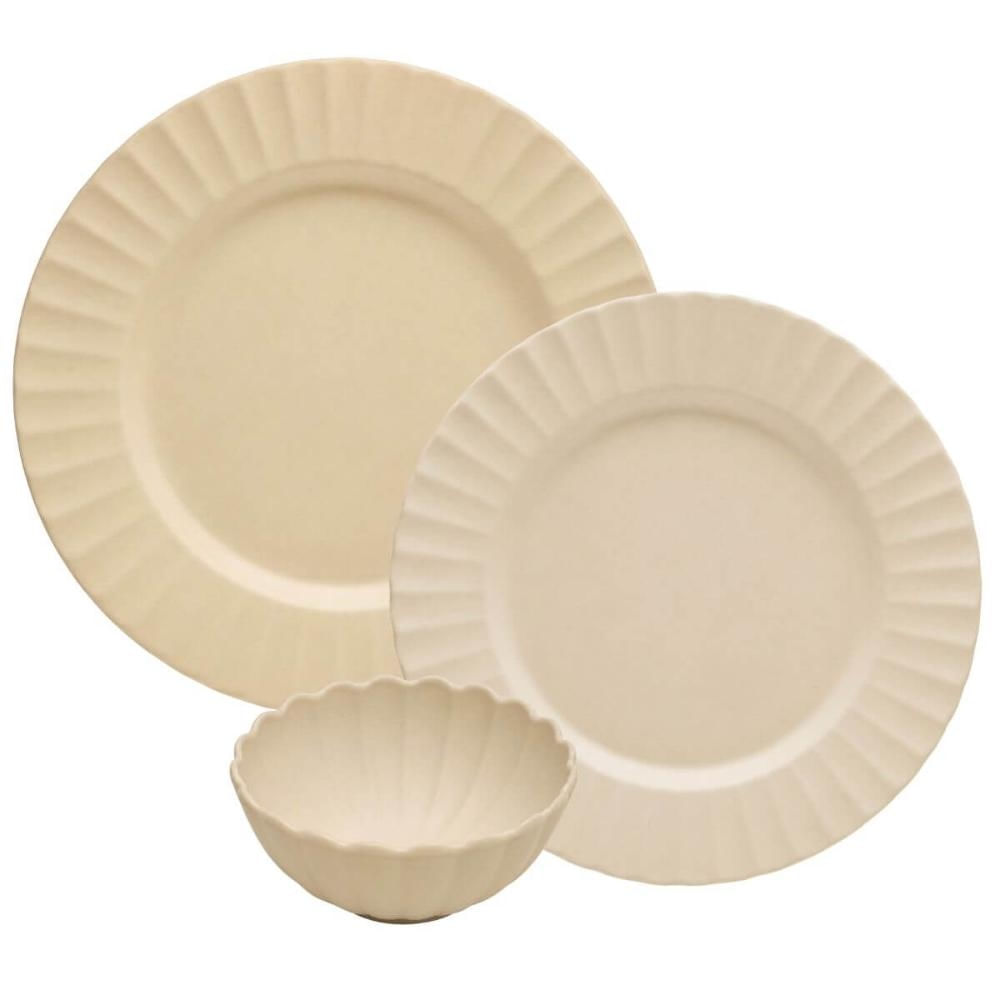 Jogo de Jantar 72 Pçs Pratos Rasos Sobremesa Bowls Bege Melamina Gerbera Lyor Buffet Restaurante