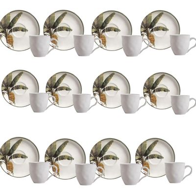 Jogo 12 Xícaras de Chá Café 170ml com Pires Branca Cerâmica Porto Brasil Bio Bananê Mesa Posta