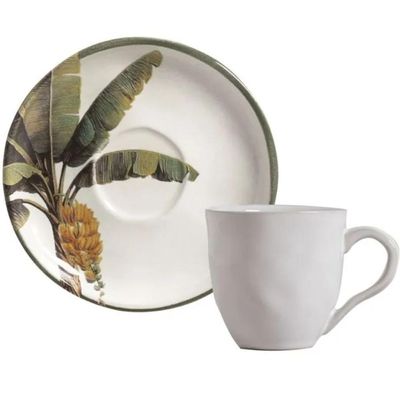 Jogo 12 Xícaras de Chá Café 170ml com Pires Branca Cerâmica Porto Brasil Bio Bananê Mesa Posta
