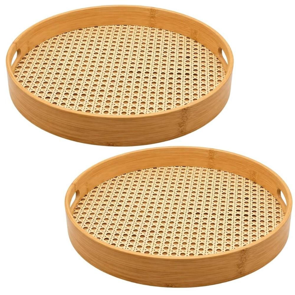 Jogo 2 Bandejas Redondas de Bambu 35cm Alça Textura Palhinha Indiana Oikos Multiuso Servir Decorar