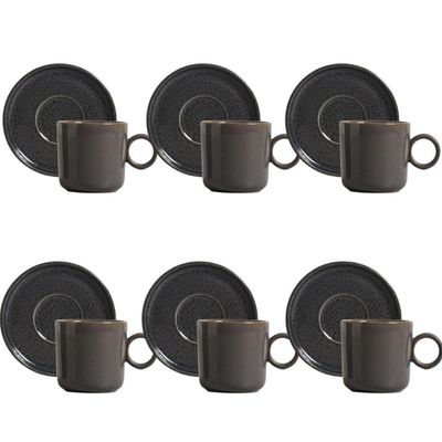 Jogo 6 Xícaras de Chá Café com Pires 150ml Cerâmica Porto Brasil Azul Escuro Basic Dove Mesa Posta