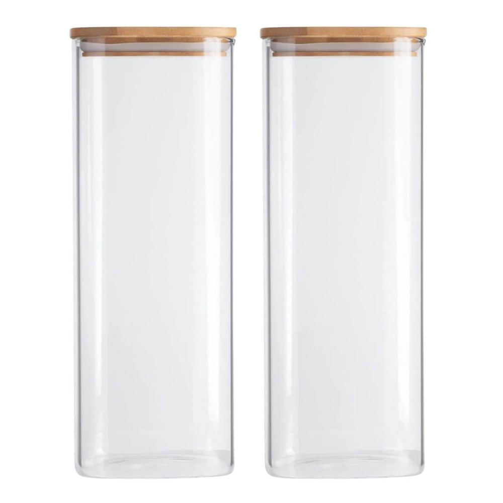 Kit 2 Potes Herméticos de Vidro 1,9L Borea Oikos 25cm Tampa de Bambu Porta Mantimentos