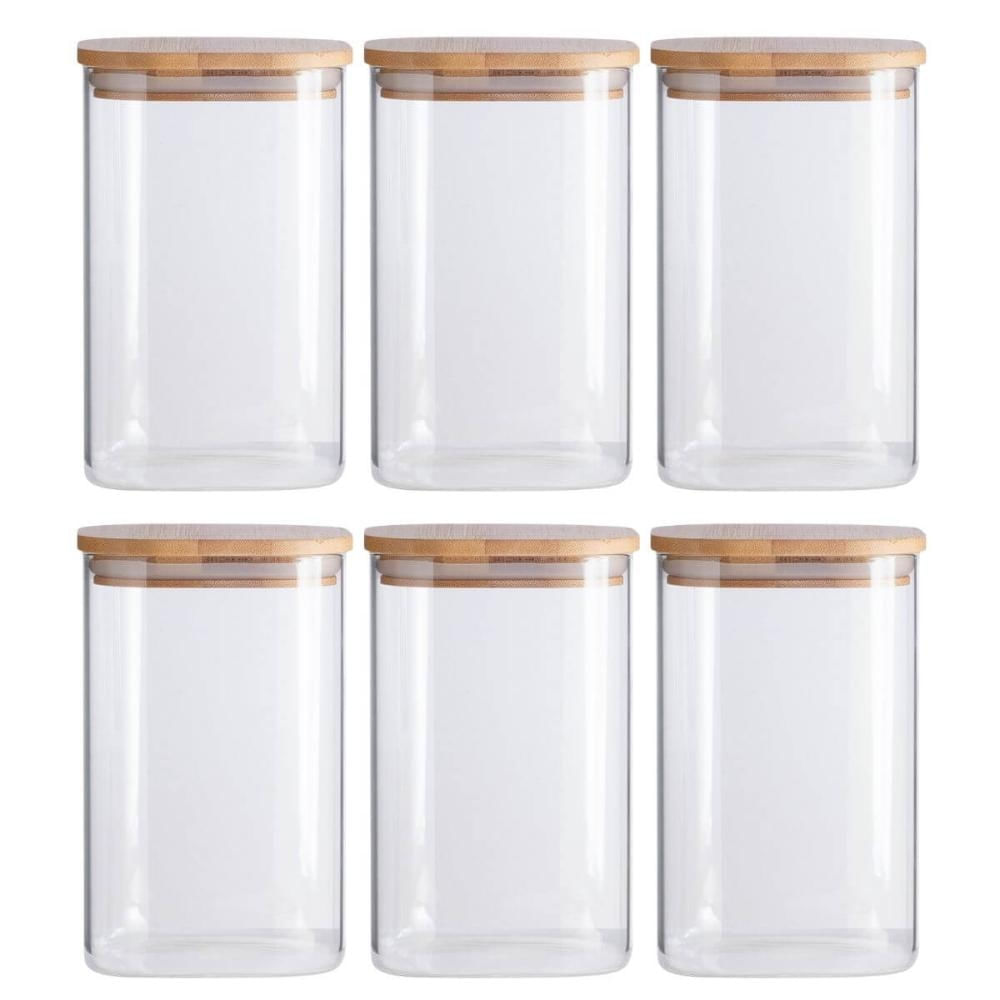 Jogo 6 Potes de Vidro Herméticos 1100ml Tampa Bambu Quadrado Oikos Borea Mantimentos Grãos