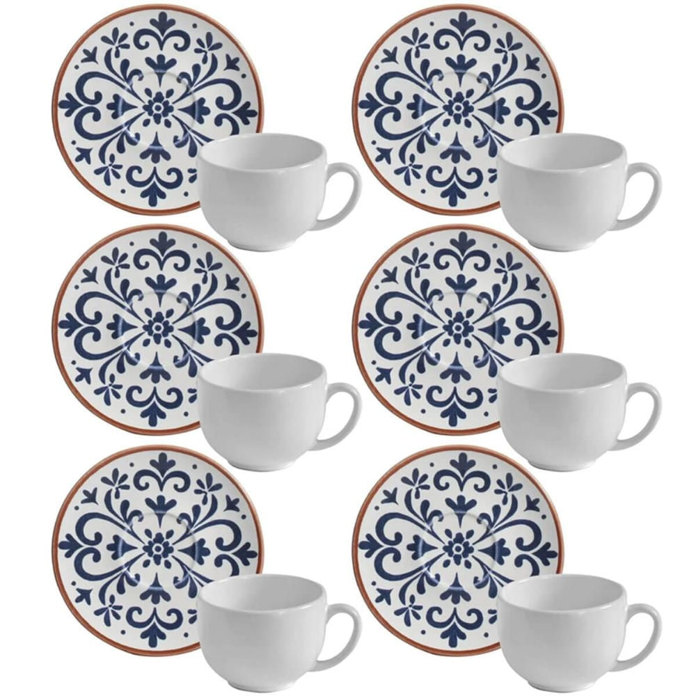 Jogo 6 Xícaras de Chá com Pires Branca e Azul 220ml Cerâmica Stoneware Coimbra Porto Brasil