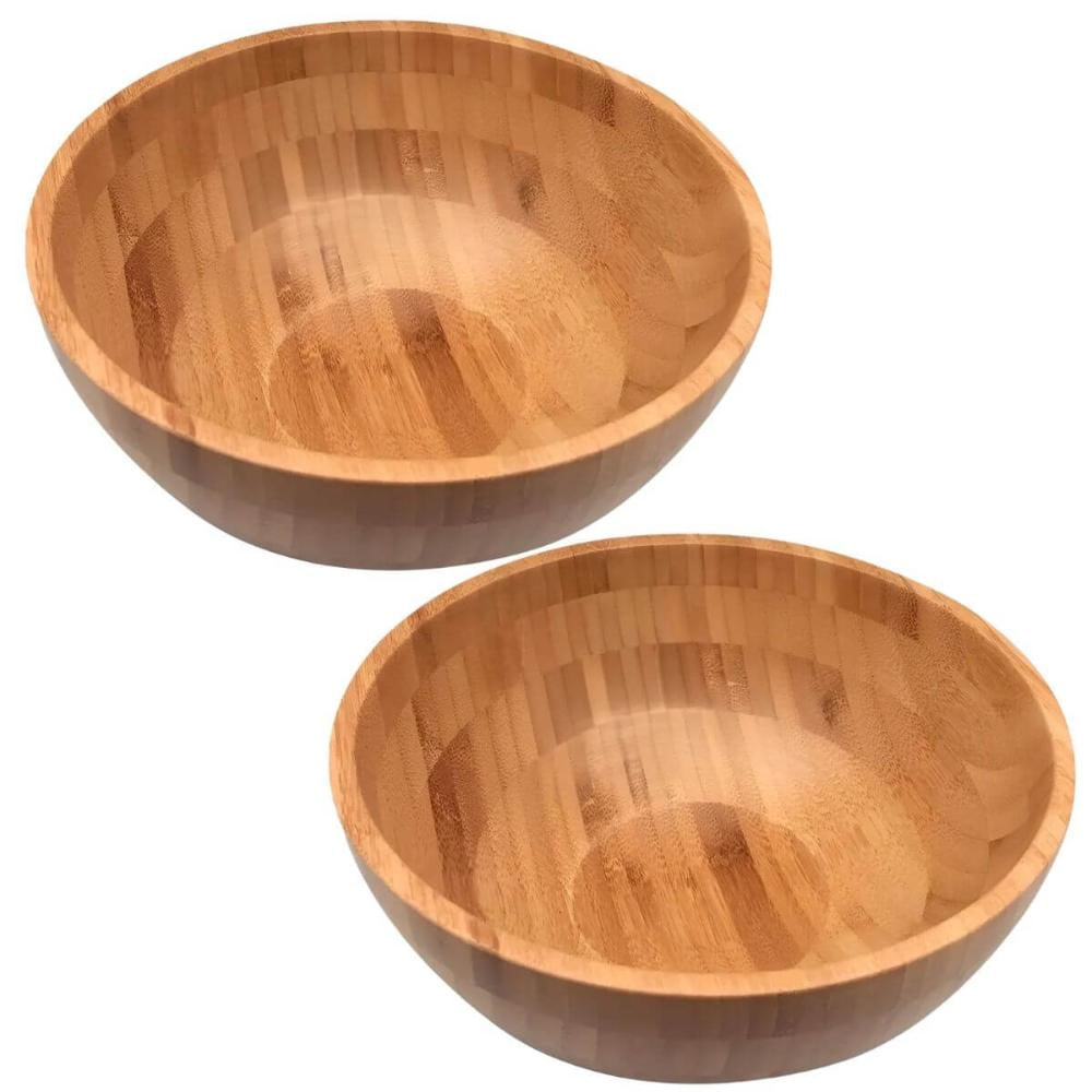 Jogo 2 Saladeiras de Bambu Natural 28cm Bowl Fundo Oikos Salada Frutas Sobremesa