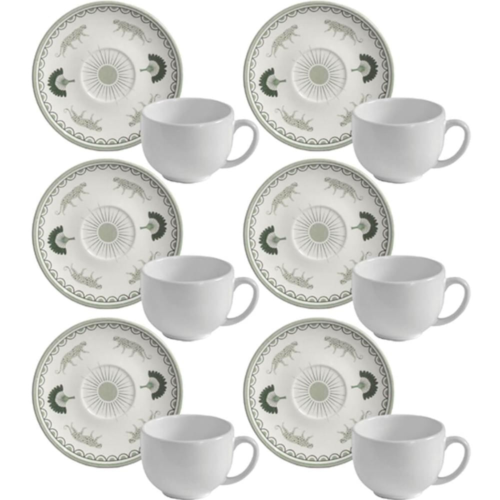 Jogo 6 Xícaras Cerâmica de Chá Com Pires 220ml Branca Exótica Porto Brasil Stoneware Artesanal