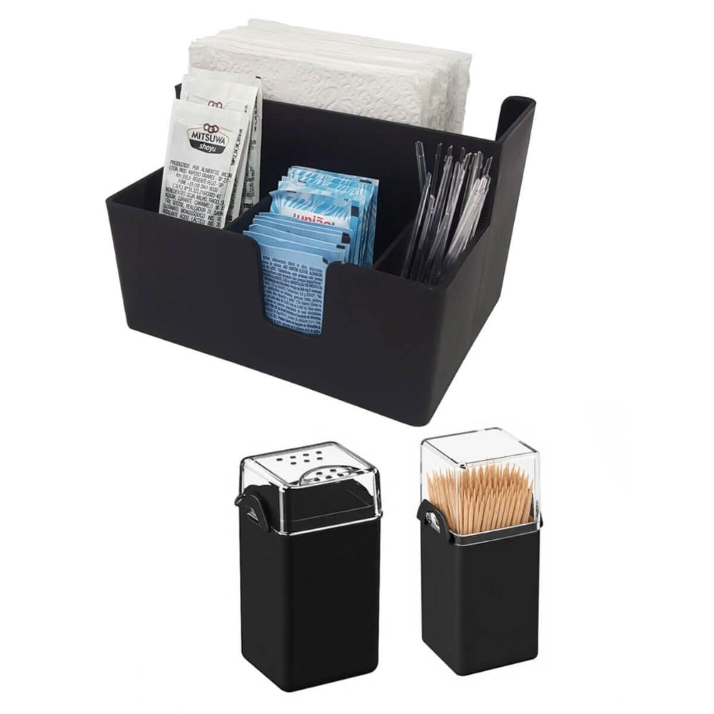Kit Porta Guardanapos Paliteiro Saleiro Coza Preto Plástico Restaurante Lanchonete