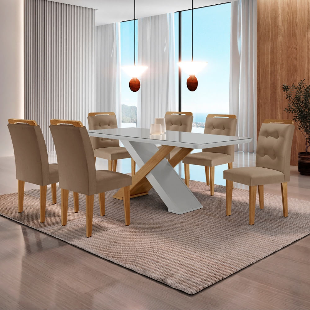 Mesa para Sala de Jantar Carol 180cm MDF Canto Copo com Vidro e 6 Cadeiras Carol
