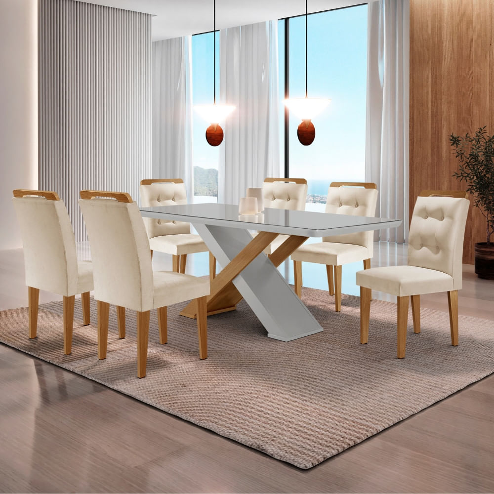 Mesa para Sala de Jantar Carol 180cm MDF Canto Copo com Vidro e 6 Cadeiras Carol