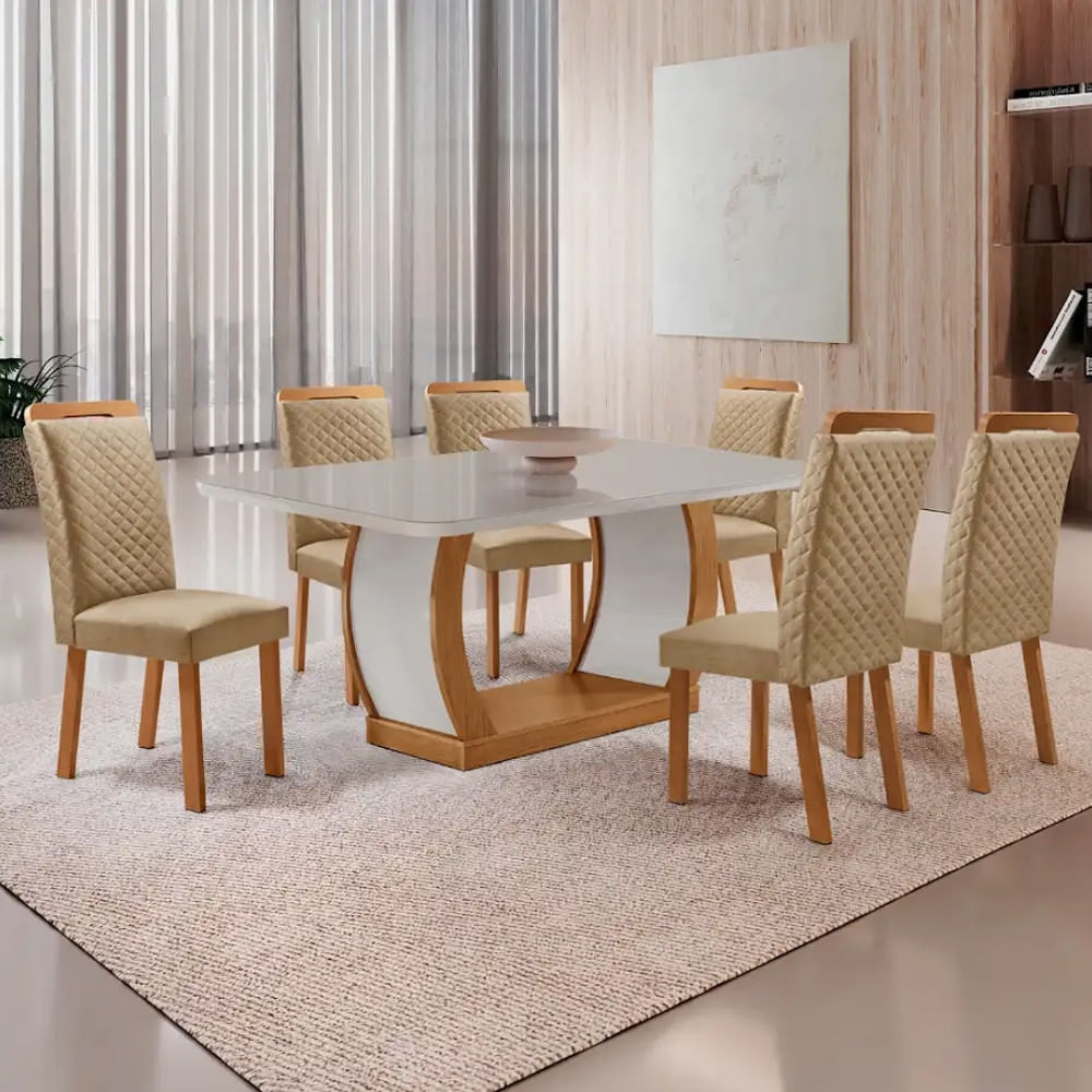 Mesa de Jantar Milena 180cm Tampo MDF Vidro Canto Copo com 6 Cadeiras Lorena Moderna Mobília