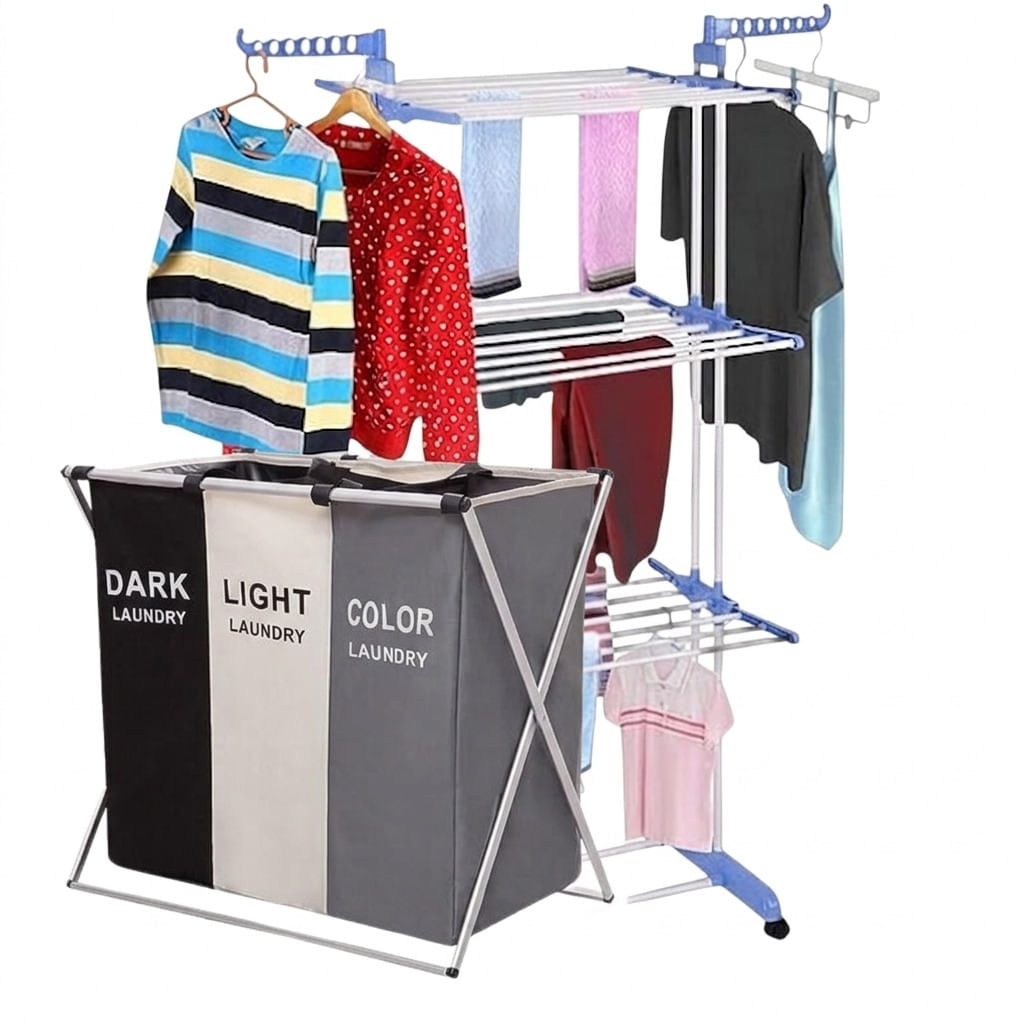 Kit Lavanderia : Varal Torre 3 Andares + Cesto de Roupas