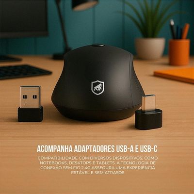 Kit Mouse sem Fio USB-A com Adaptador Tipo C + Pilha AA 1 Unidade Recarregável Powerfast - Gshield