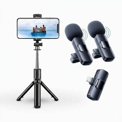 Kit Criador de Conteúdo: Tripé Bastão de Selfie Bluetooth + 2 Microfone Lapela Sem Fio