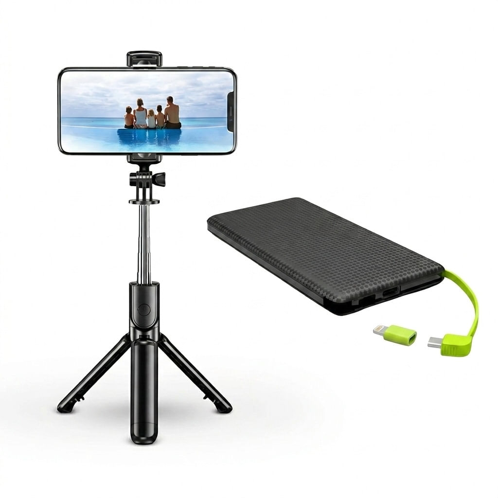 Kit Blogueiro E Viajante: Carregador Portátil Power Bank 10k + Tripé Bastão de Selfie Bluetooth