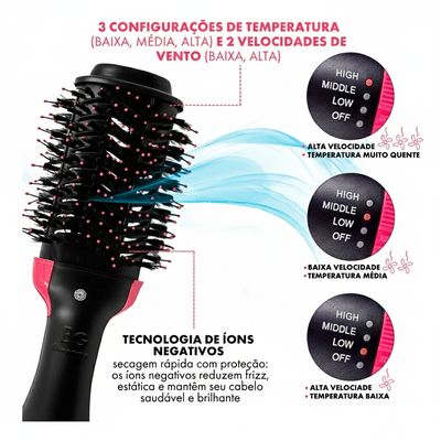 Escova Secadora Alisadora Preto e Rosa