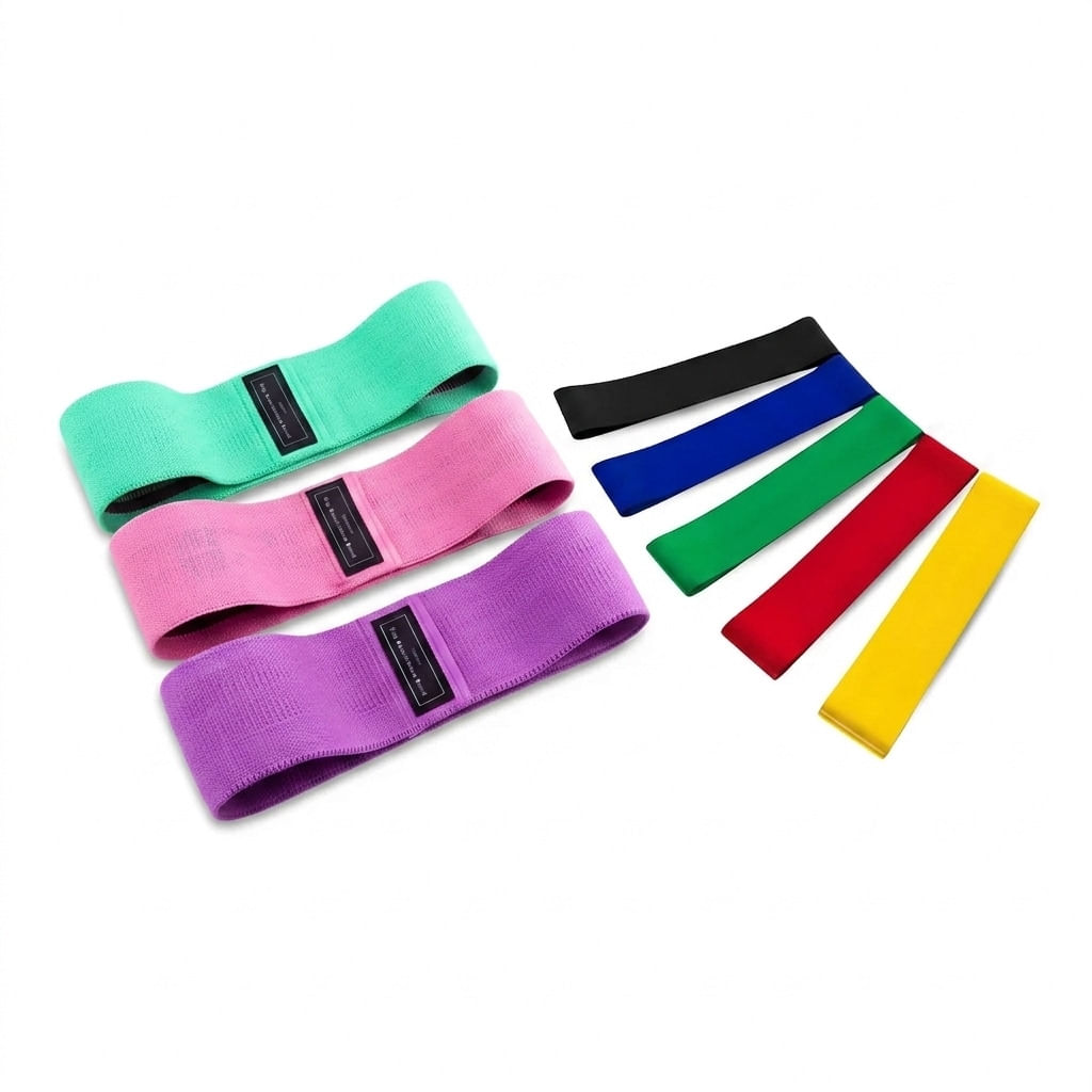 Kit Academia em Casa Completo - 3 Faixas de Tecido Hip Bands + 5 Mini Bands Elásticas