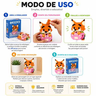 Mini Blocos de Montar Raposa Pixelado Colecionável - 202 Pçs