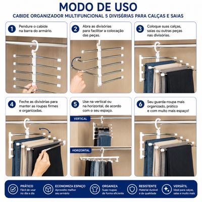 Cabide Organizador Multifuncional 5 Divisórias Para Calças