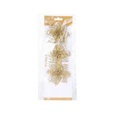 Kit Flor Natal Le 9,5cm com 3 Unidades Dourado UNICA