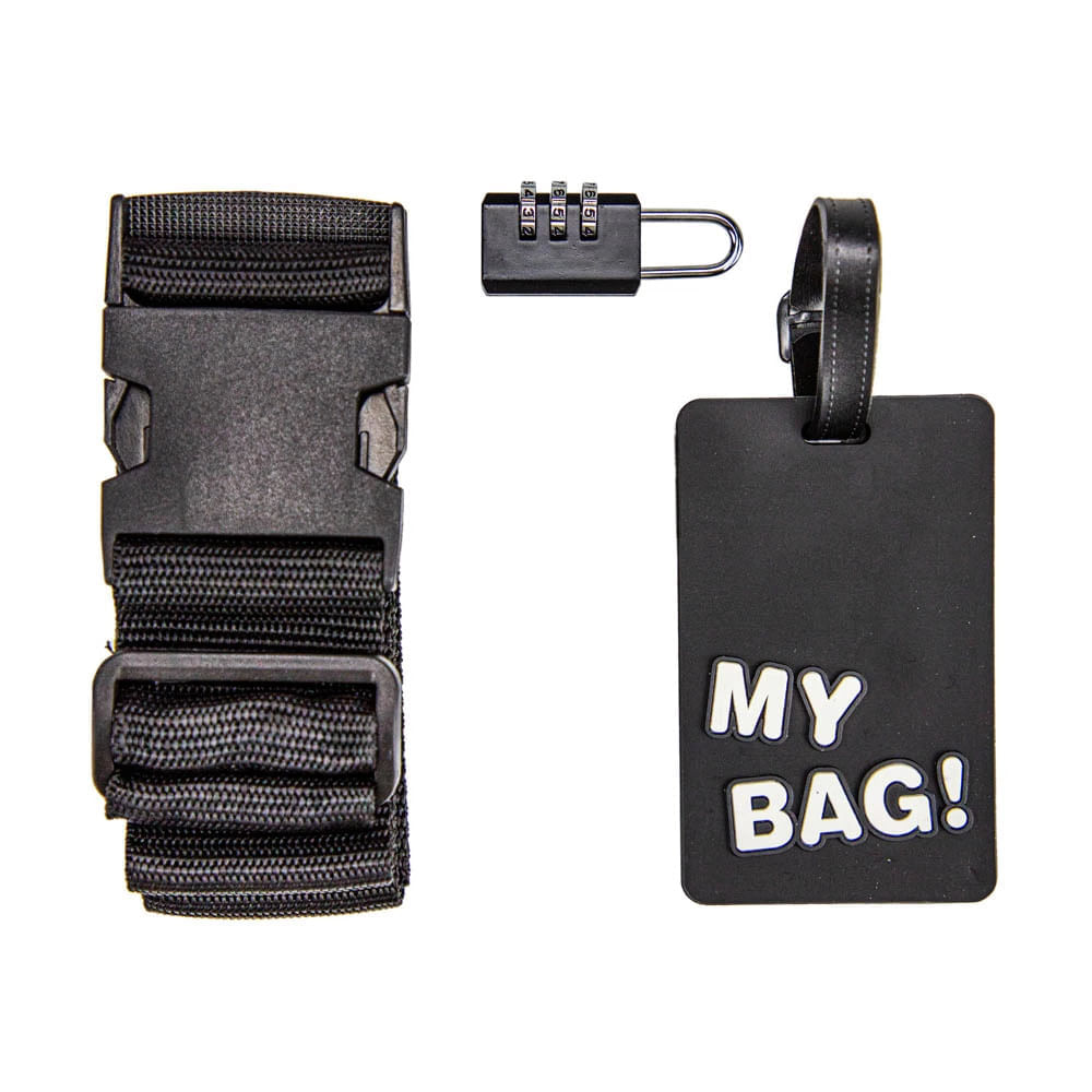 Kit de Acessórios de Viagem Le com 3 Peças Preto Cinta, Cadeado e Tag de Identificação para Malas
