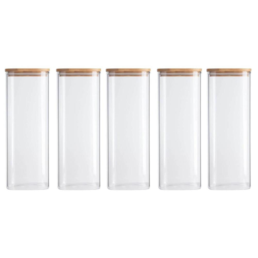 Jogo 5 Potes Herméticos de Vidro 1,9L Borea Oikos 25cm Tampa de Bambu Cozinha