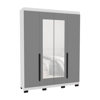 Guarda-Roupa Solteiro com Espelho Madrid 4 Portas 4 Gavetas Branco e Cinza