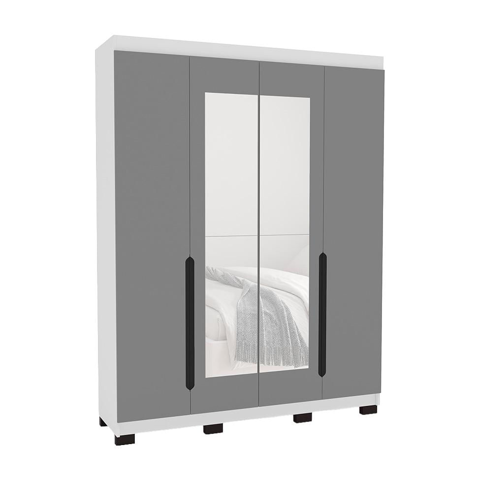 Guarda-Roupa Solteiro com Espelho Madrid 4 Portas 4 Gavetas Branco e Cinza