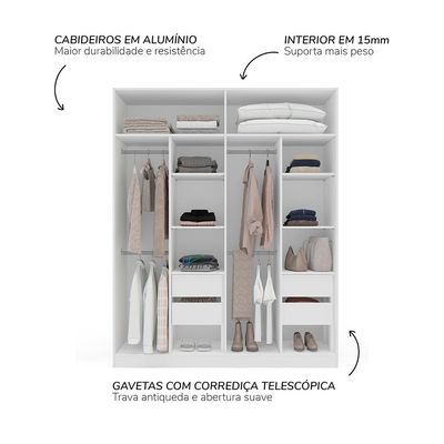 Guarda-Roupa Solteiro com Espelho Madrid 4 Portas 4 Gavetas Branco e Cinza